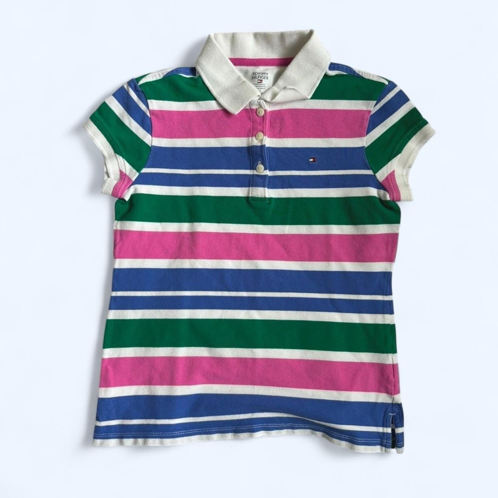 Tommy Hilfiger Pink and Green Striped Polo Shirt, Girls 12-14 L